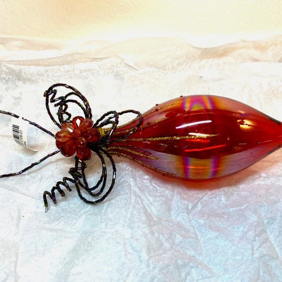 Vintage Christmas Glass Ornaments Red Teardrop Round W Beads Decor Set of 2 NWT - Picture 13 of 15